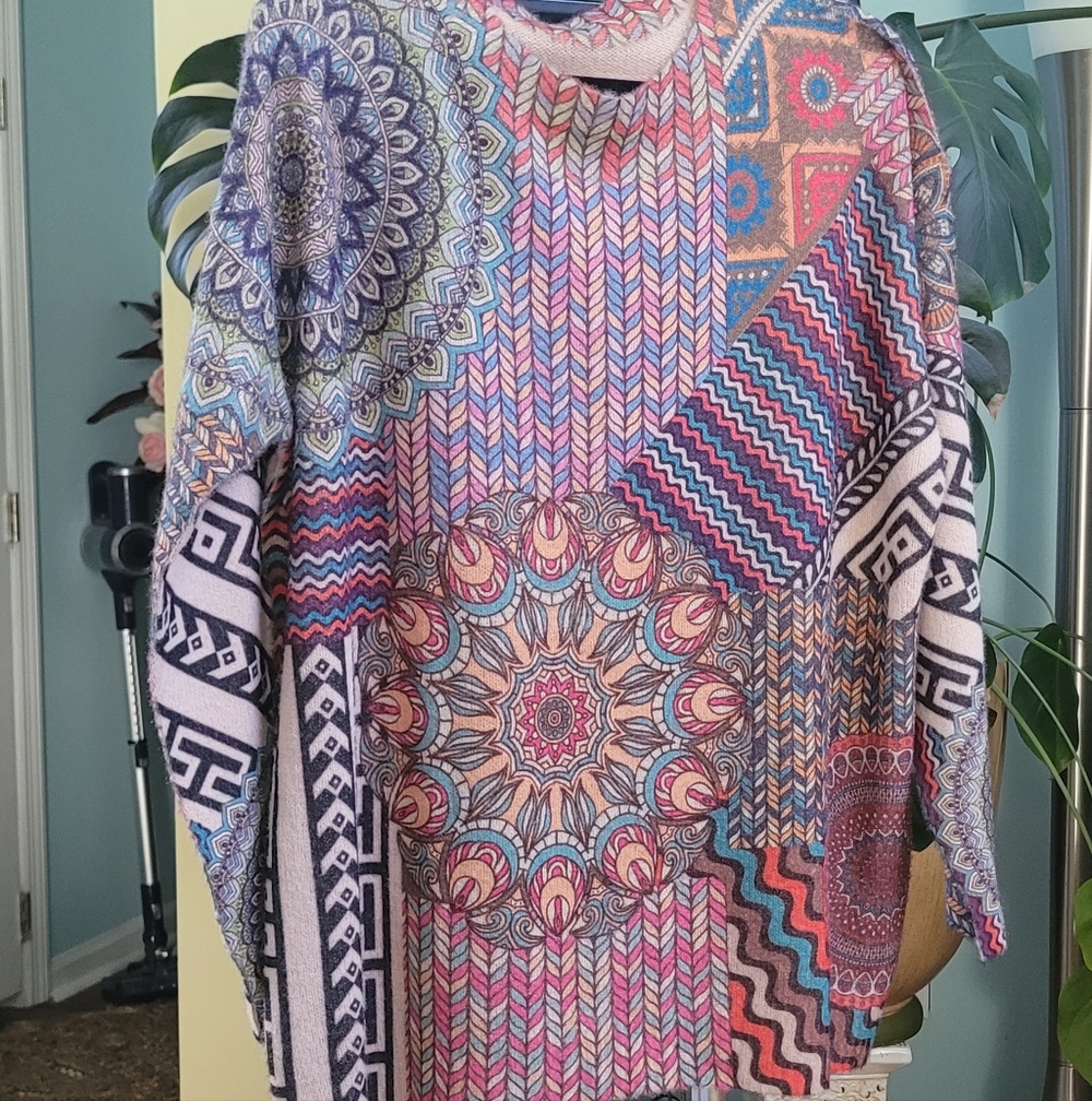 Boho Colorful Geometric Pattern Sweater Size 1X - Picture 2 of 7